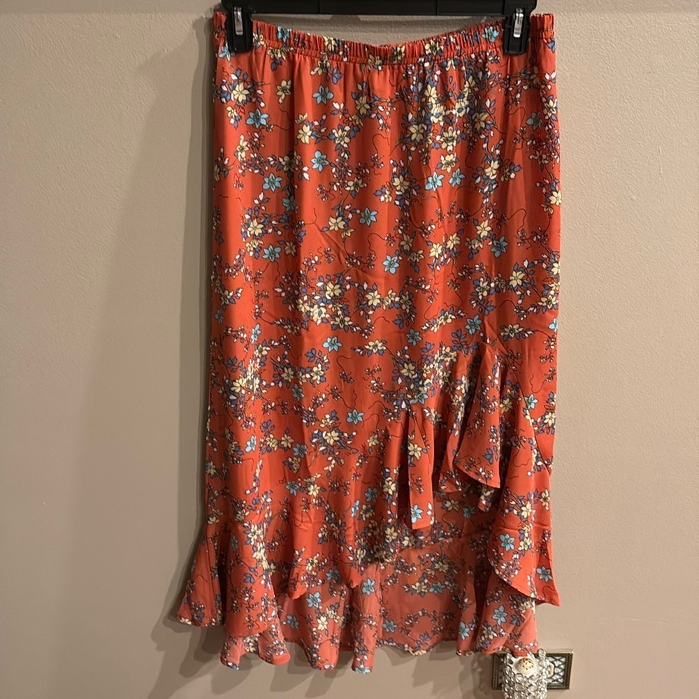Max Studio floral high low ruffled midi skirt coquette flounce elastic waist L